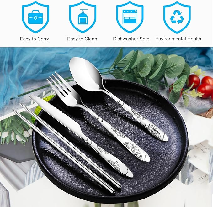 20PCS Premium Travel Utensils With Case, Stainless Steel Reusable Portable Utensils Set With Case, Lengnoyp Travel Silverware Set With Case for Lunch Box Camping, Silver