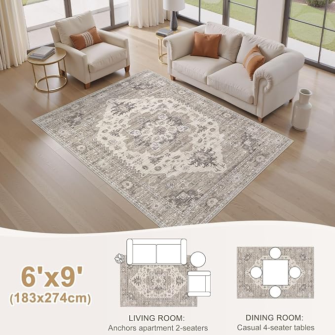 Washable Area Rugs for Living Room -6x9 Neutral Vintage Distressed Floral Farmhouse Boho Large Soft Floor Rug Indoor Non Slip Carpet for Living Room Bedroom Dining Room Office-Brown/Beige