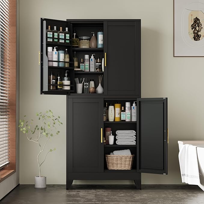74.8" Tall Metal Food Cabinet, Black Kitchen Pantry Cabinet, Storage Cabinets with 4 Door and 4 Adjustable Shelves, Steel Freestanding Cupboard for Kitchen Dining Room Living Room Bathroom