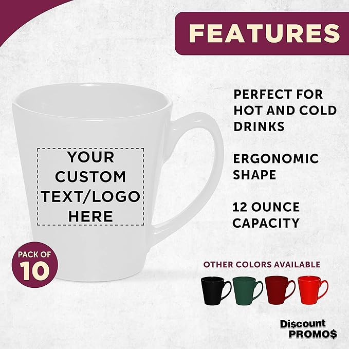 DISCOUNT PROMOS Custom Glossy Ceramic Latte Coffee Mug 12 oz. Set of 10, Personalized Bulk Pack - Perfect for Tea, Espresso, Cappuccino, Hot Cocoa - White