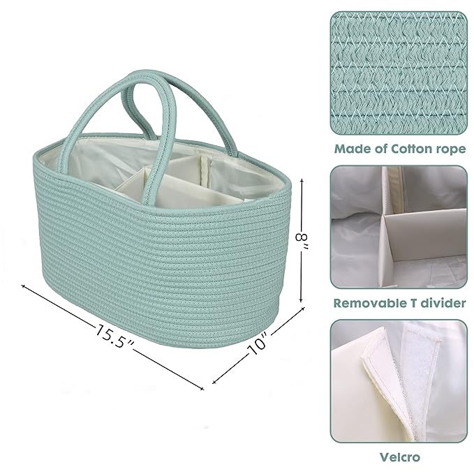 Large Baby Diaper Caddy Organizer for Girl Boy Rope Nursery Storage Bin Basket Portable Holder Tote Bag for Changing Table Car Travel Baby Shower Gifts Newborn Essentials Registry Must Have Green
