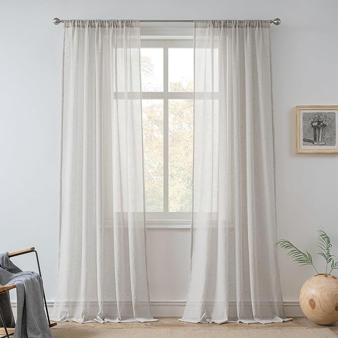 FMFUNCTEX Linen Sheer Curtains for Bedroom, Grey Curtains 63 Inch Length for Living Room, Gray Farmhouse French Flax Blend Window Draperies, Rod Pocket 2 Panels Set