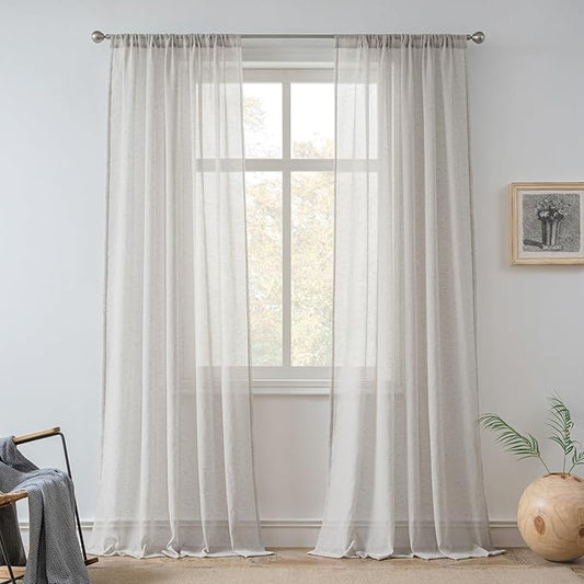 FMFUNCTEX Linen Sheer Curtains for Bedroom, Grey Curtains 63 Inch Length for Living Room, Gray Farmhouse French Flax Blend Window Draperies, Rod Pocket 2 Panels Set