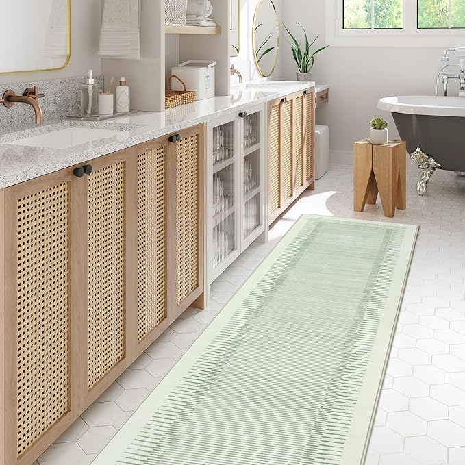 Wonnitar Striped Sage Green 9x12 Rugs for Living Room, Non-Slip Soft Sage Green Bedroom Rug, Low Pile Minimalist Floor Carpet for Nursery Playroom Department (Green,9' x 12')