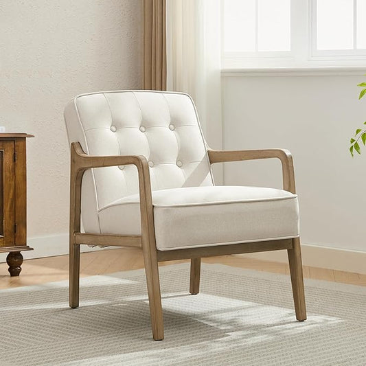 Linen Accent Chair, Mid Century Modern Chair for Living Room, Upholstered Comfy Lounge Armchair with Solid Wood Frame, Reading Side Chair for Bedroom,105°Ergonomic Comfort, White