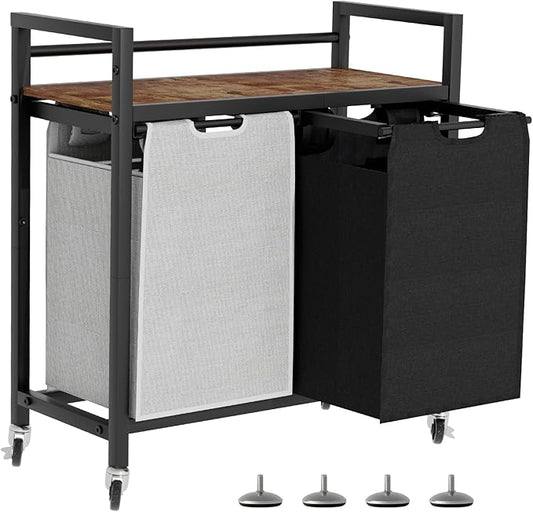 Laundry Hamper, Laundry Basket, Laundry Sorter with 2 Removable Bags, Clothes Basket with 2 Compartments, Wheels, Shelf for Laundry Room Bathroom Bedroom (2 Bags-Black Grey)