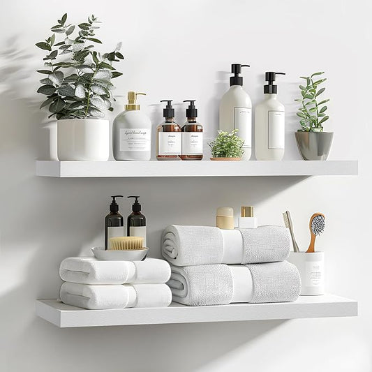 LaVie Home Floating Shelves, 24 Inch Wall Shelf Set of 2, Hanging Shelf with Invisible Brackets, Wall Decor for Bathroom, Bedroom, Living Room, Kitchen Storage, Modern White
