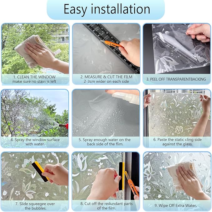 HIDBEA Window Privacy Film, 3D Stained Glass Static Cling - Sun Blocking Anti-UV Heat Control, Reusable Decorative Film for Home/Office Doors, Rainbow Tulip Design (17.5 in x 78.7 in)