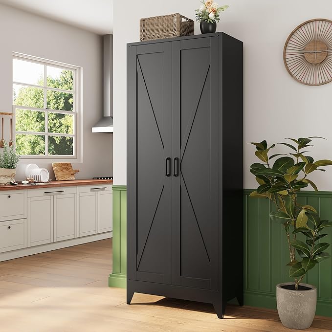 Letaya Storage Cabinet,75" H Metal Kitchen Pantry Cabinets with Doors and Adjustable Shelves,Pantry Organizers for for Cupboard/Dining/Bathroom/Office/Garage Room,Black