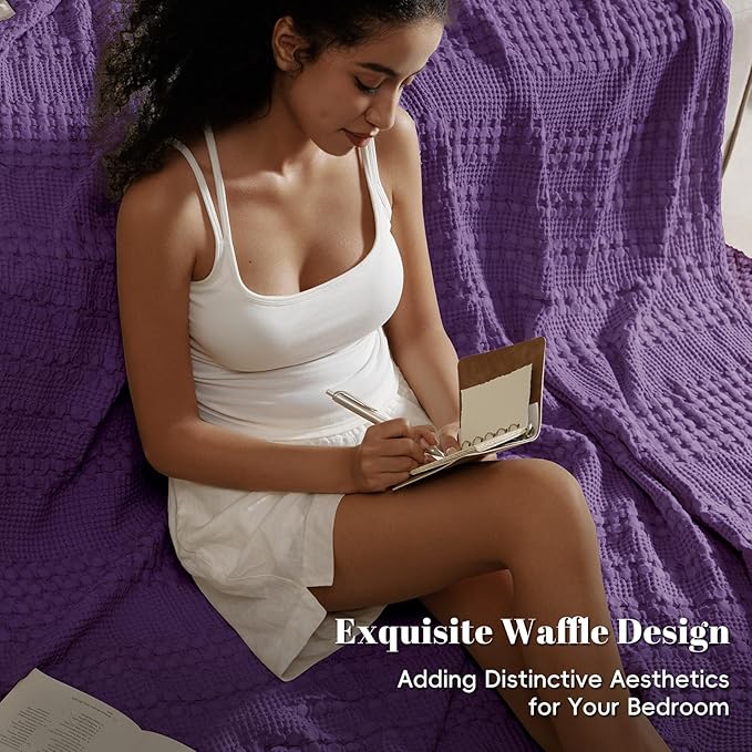 PHF 100% Cotton Waffle Weave Blanket Queen Size, Soft Lightweight Breathable Cozy Summer Blankets for Bed, Luxury Aesthetic Woven Bedding for Home Decor, 90"x90", Grape Purple