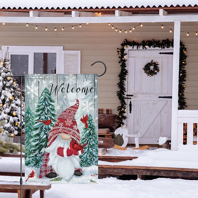 Heyfibro Welcome Christmas Garden Flag Winter Gnome Garden Flags 12x18 Double Sided Burlap Cardinals Snowflakes Snow Garden Yard Flags for Seasonal Outside Outdoor House Decoration (ONLY FLAG)