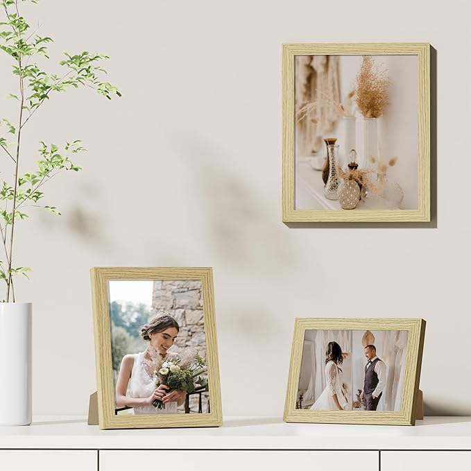 Vittanly 5x7 Picture Frames Set of 9, Shatter Resistant Plexiglass, Display 4x6 Pictures with Mat or 5x7 without Mat, Photo Frames for Wall or Tabletop, Engineered Wood, OAK