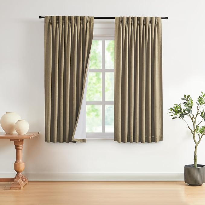Vision Home Brown Pinch Pleated Full Blackout Curtains Linen Blended Room Darkening Window Curtains 72 inch for Living Room Bedroom Thermal Insulated Pinch Pleat Drapes with Hooks 2 Panel 40" Wx72 L