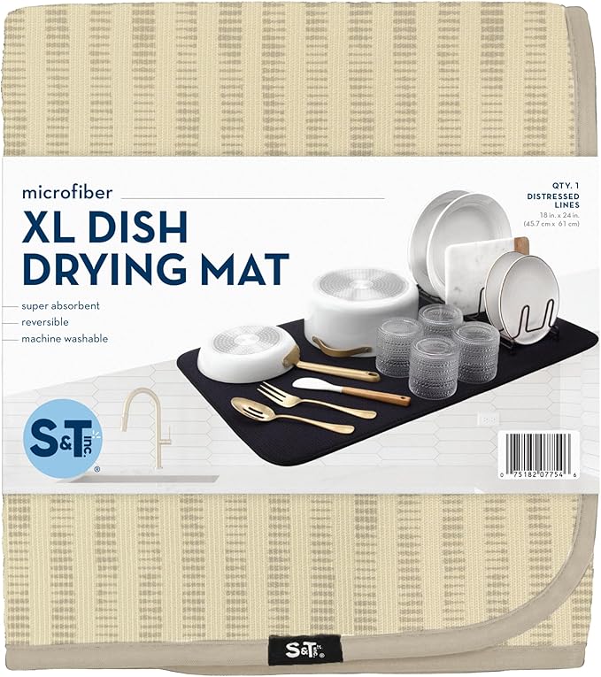 S&T INC. Dish Drying Mat XL, 18” x 24”, Absorbent Microfiber Kitchen Counter Mat, Dish Drying Pad for Dishes, Utensils, Pots and Pans, Extra Large, Cream Distressed Lines