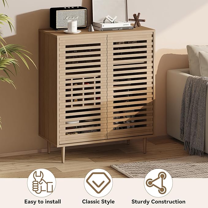 Mid Century Bar Cabinet with Wine Racks, Modern Liquor Cabinet with Slatted Doors for Dining Room, Living Room (Natural Color)