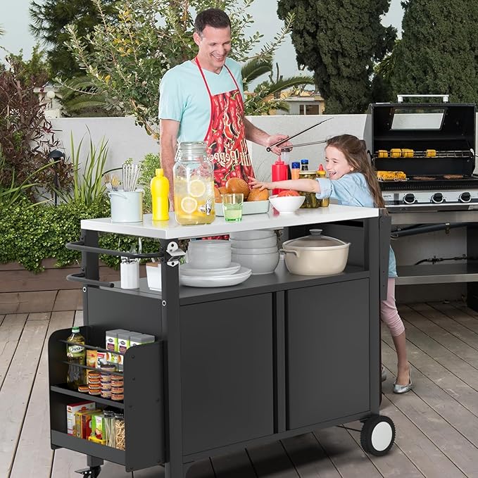 Outdoor Grill Cart with Wheels, Outdoor Kitchen Bar Cart Mobile BBQ with Foldable Stainless Steel Top & Storage Cabinet