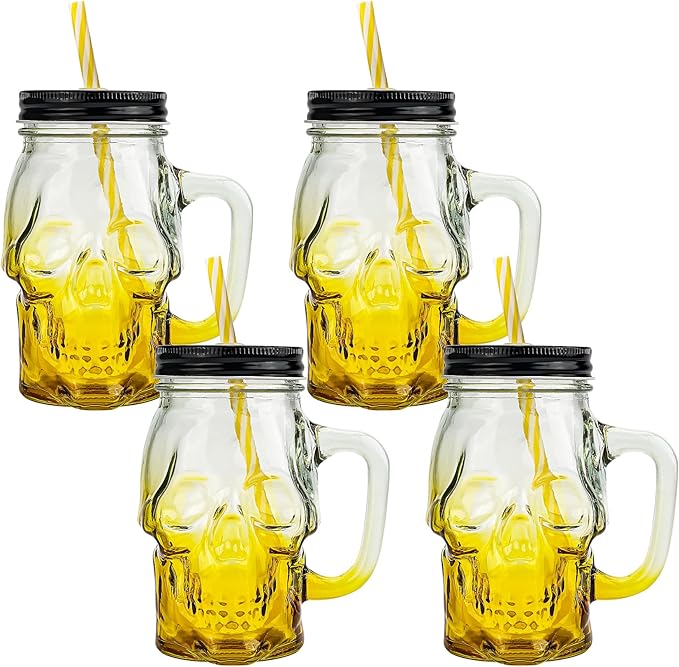Halloween Cups Set of 4 - Yellow Skull Glass Drinking Jar with Lids and Straws - Halloween Decor, Drinking Glasses 16 oz