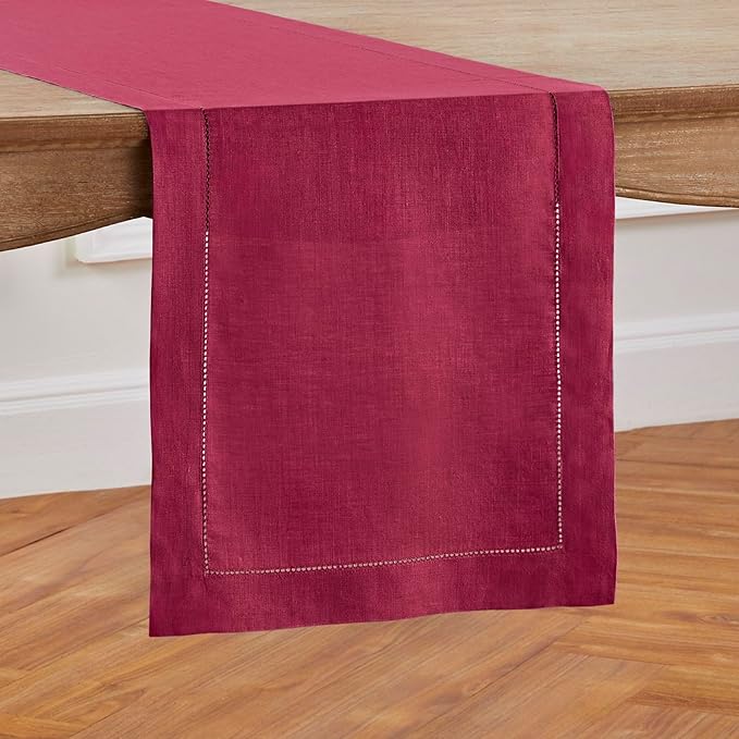 Solino Home Linen Beet Table Runner 132 Inches Long - 100% Pure Linen Extra Long Table Runner 14 x 132 Inch for Fall, Autumn, Thanksgiving - Classic Hemstitch