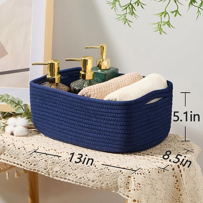 Small Storage Baskets for Organizing | Closet Organizer Bins | Shelf Toy Basket | Woven Rope Baskets | Cube Decorative Box | Shallow Basket | 13x8.5x5.1” | 3 Packs Navy Blue