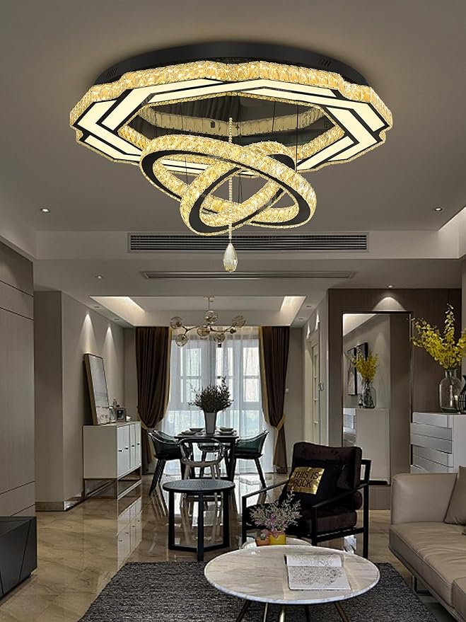 Flashing God Large Crystal Chandelier Dia 48" Black Chandelier Flush Mount Ceiling Light for Bedroom Living Room Dining Room Hallway Dimmable 3 Rings LED Celing Lighting Fixtures