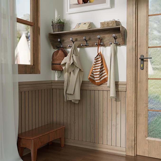 SKOLOO Wall Shelf with Hooks, 24-Inch Weathered Brown Coat Rack Wall Mount with Shelf Organizer - Lightweight & Sturdy, 5 Tri Hooks - Perfect for Entryway, Hallway, Living Room, Bedroom, Mudroom