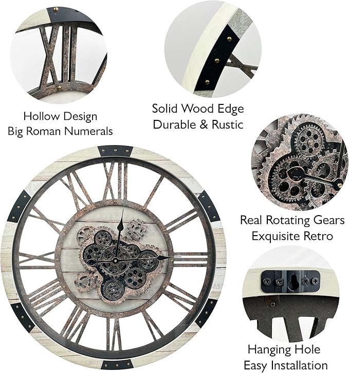 DORBOKER 24" Large Wall Clock with Moving Gears,Oversize Vintage Industrial Rustic Farmhouse Clocks for Living Room Decor Office Home,Solid Wood Retro Metal HD Tempered Glass Cover,Desert Beige