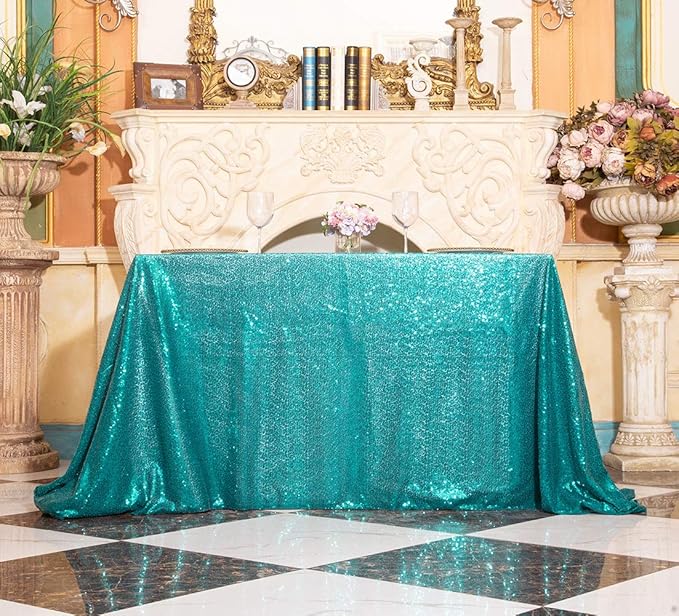 SquarePie Sequin Tablecloth 50 x 72 Inch Teal Sparkly Table Linen for Wedding Party