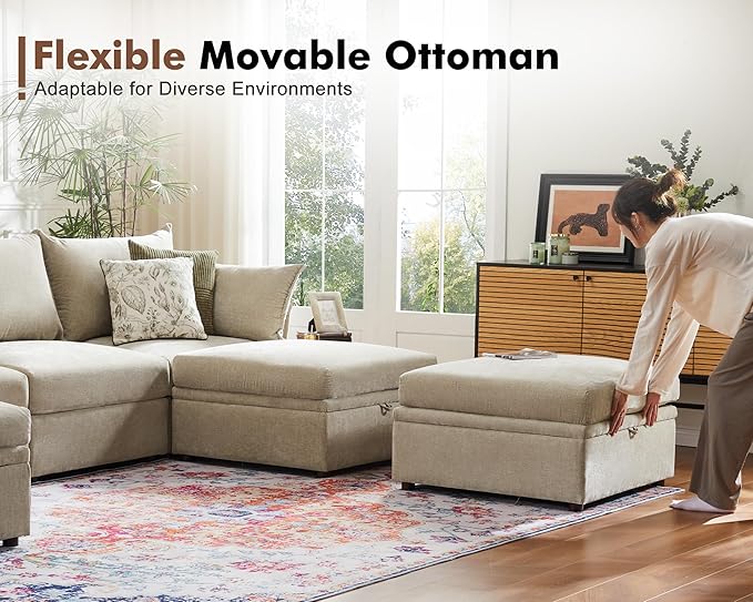 102.6" Modular Sectional Sofa, L Shaped Couch Set for Living Room, 3-Seater Comfy Cloud Couches with Movable Storage Ottoman,DIY Combination - Chenille Beige