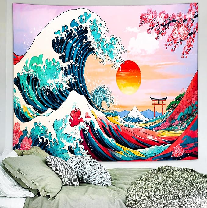Delur Great Wave Tapestry Japanese Sunset Ocean Sea Wave Off Kanagawa Tapestry Wall Hanging Vintage Asian Anime Cherry Blossom Nature Headboard for Bedroom Living Room Home Decor (59.1" x 78.7")