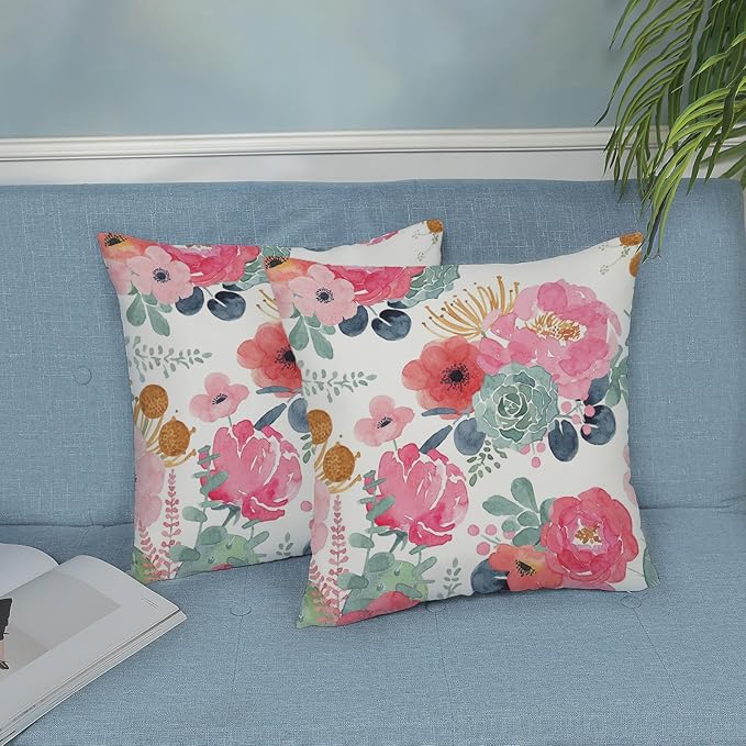CXMEIFLY Spring Floral Pillow Covers 20 x 20 Inch Set of 2 for Watercolor Pink Flowers Decor Throw Pillows Green Leaves Plant Outdoor Decorative Cushion Cases with Zipper for Couch Bed Decorations