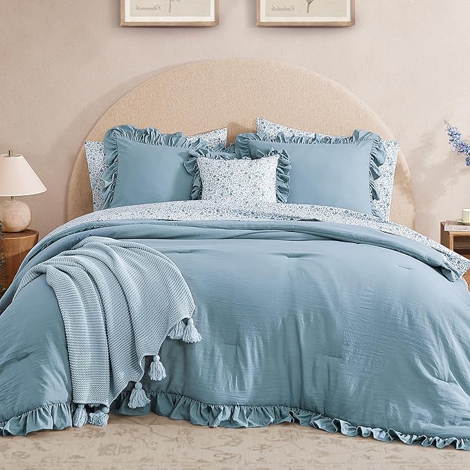 King Comforter Set - 7 Pieces Ruffle Blue Bedding Sets, Shabby Chic Farmhouse Bed in a Bag King with Ruffle Comforter, Floral Sheets, Pillowcases & Shams