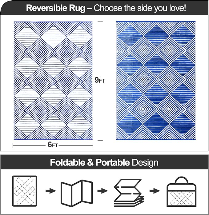 Waterproof Outdoor Rug 6x9ft, Foldable Reversible Plastic Straw Mat for Patio RV Deck Porch Backyard Balcony Camping Picnic Beach Indoor Outdoor Carpet, Blue&White