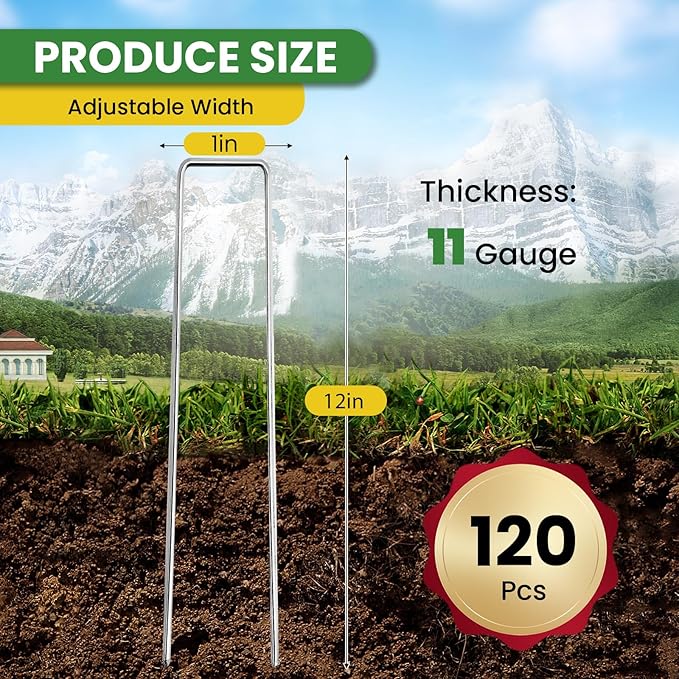 Landscape Staples 12 Inch 120 Pack, Garden Stakes Galvanized Garden Staples 11 Gauge, Plant Cover Stakes for Lawn Weed Barrier