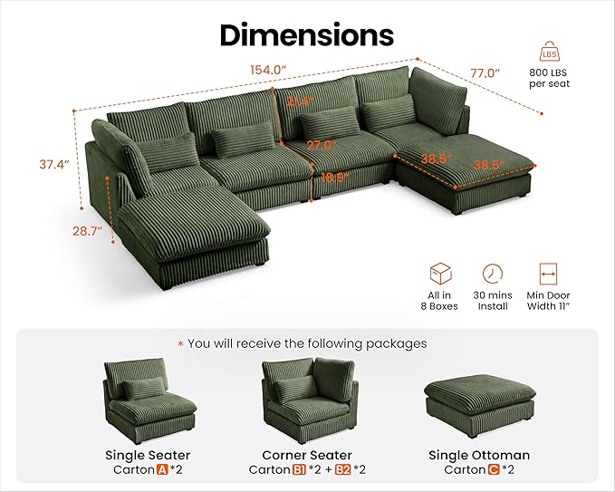 Oversized Modular Sofa, Extra Deep Cloud Corduroy Sectional Couch with Ottoman Chaise, Fluffy Chenille 6 Seat U-Shaped Sofa for Living Room, Villa (U Shape 6 Seater, Corduroy Green)