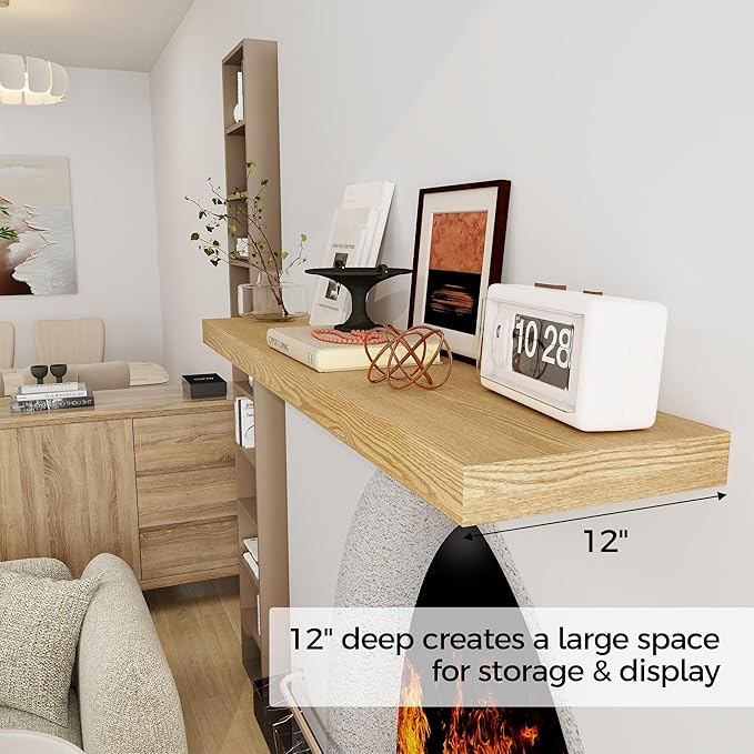 Floating Shelves 48 Inch Long, 12 Inch Deep Floating Shelves for Wall, 48 x 12 Large Wall Shelves for Home Storage & Display, 2" Thicked Floating Shelf for Bedroom, Living Room, Oak Color, 1 Pack