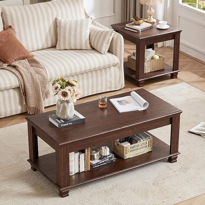 Farmhouse Coffee Tables for Living Room,Square Living Room Tables with Open Storage Shelf,Large Modern Coffee Table,Rustic Brown Center Table,Walnut
