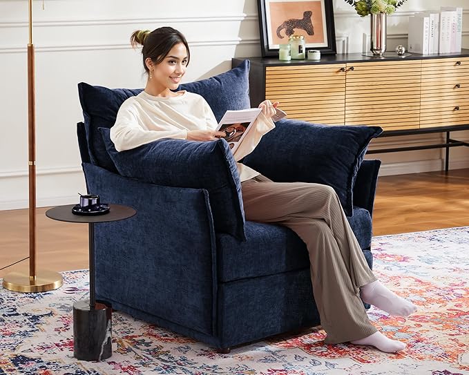 Oversized Accent Chair, Upholstered Modern Sofa Chair with Removable Backrest & Detachable Cover, 24.5" Deep Seat Large Reading Armchair for Living Room Bedroom Office - Chenille Blue Set of 2