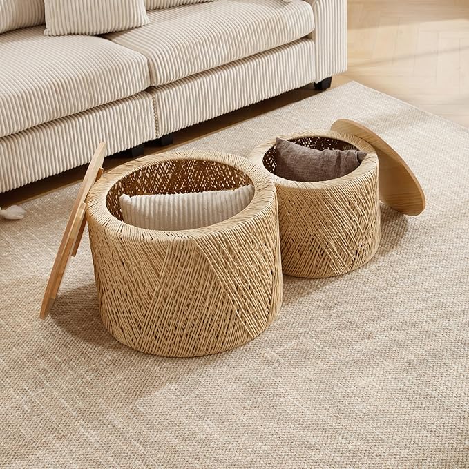 Nesting Coffee Table Set of 2, Natural Round Wooden Coffee Tables Rustic Woven Circle Side/Sofa Table for Small Space Living Room Bedroom Apartment No Assembly Required