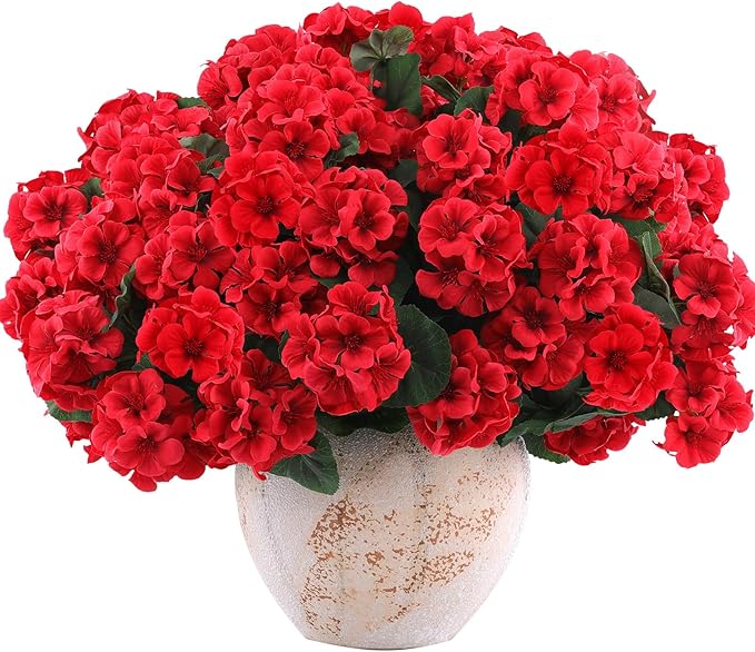 Hananona 6 Bundles Artificial Geranium Flowers for Outdoors Silk Geranium Flowers Outdoor UV Resistant Garden Plants Faux Flower for Home Kitchen Table Centerpieces Decor (6, Red)