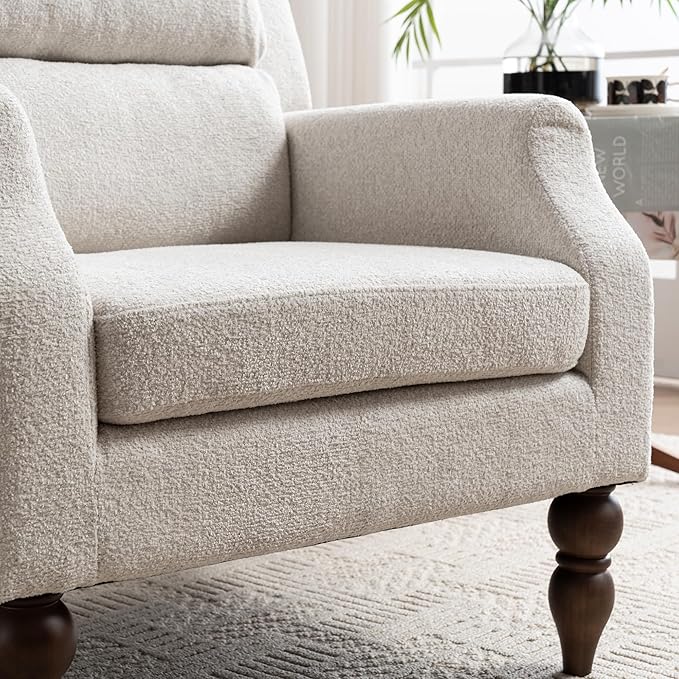 Kidol & Shellder Beige Oversized Accent Chair for Living Room Mid Century Modern Reading Chair with Back Wide Upholstered Comfy Single Sofa Chair for Bedroom Lounge Side Corner Boucle Fabric Armchair