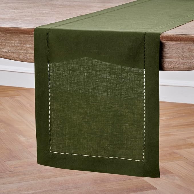 Solino Home Linen Olive Table Runner 90 Inches Long - 100% Pure Linen 14 x 90 Inch Table Runner for Fall, Autumn, Thanksgiving - Classic Hemstitch