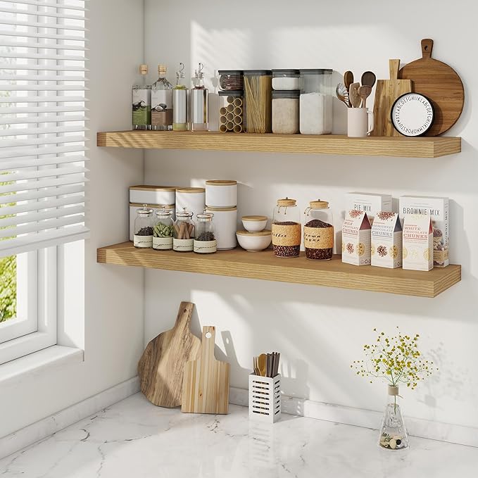 Fun Memories 40" Rustic Wood Floating Shelves with Invisible Brackets for Storage & Decor, Deep Wall Mounted Shelves for Bathroom, Kitchen, Living Room (Oak, Set of 2)