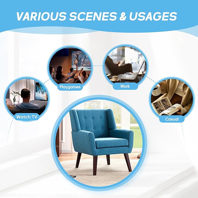 HUIMO Button-Tufted Accent Chairs,Upholstered Reading Living Room Chair,Mid Century Modern Chair with Linen Fabric, Club Chair,Comfy Arm Chairs for Living Room,Bedroom Lake Blue