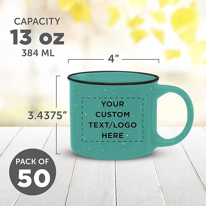 DISCOUNT PROMOS Custom Ceramic Campfire Coffee Mugs 13 oz. Set of 50, Personalized Bulk Pack - Perfect for Tea, Espresso, Cappuccino, Hot Cocoa - Mint