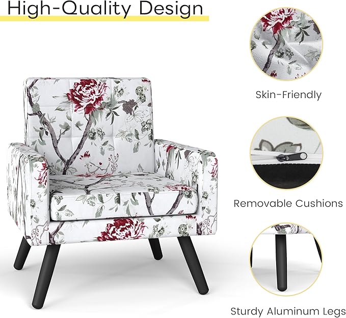 Kromax Mid-Century Modern Accent Chair Set of 2 for Living Room, 496 Lb. Weight Capacity, Dual Armrests, Comfy Extra Large Seat, Timeless Style Perfect for Reading & Relaxing, Red Floral