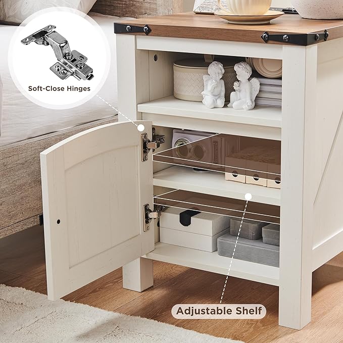 OKD Farmhouse Nightstand with Charging Station, 18" Rustic End Table with Adjustable Storage Shelf, Wood Rustic Wood Sofa Side Table for Bedroom