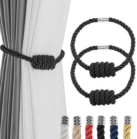 Fenghuangwu 2Pack Magnetic Curtain Tiebacks – Bohemian Style Handmade Woven Tie-Backs for Drapes,Elegant Exquisite Knot Holdbacks,Outdoor Boho & Modern Home Decor（Black