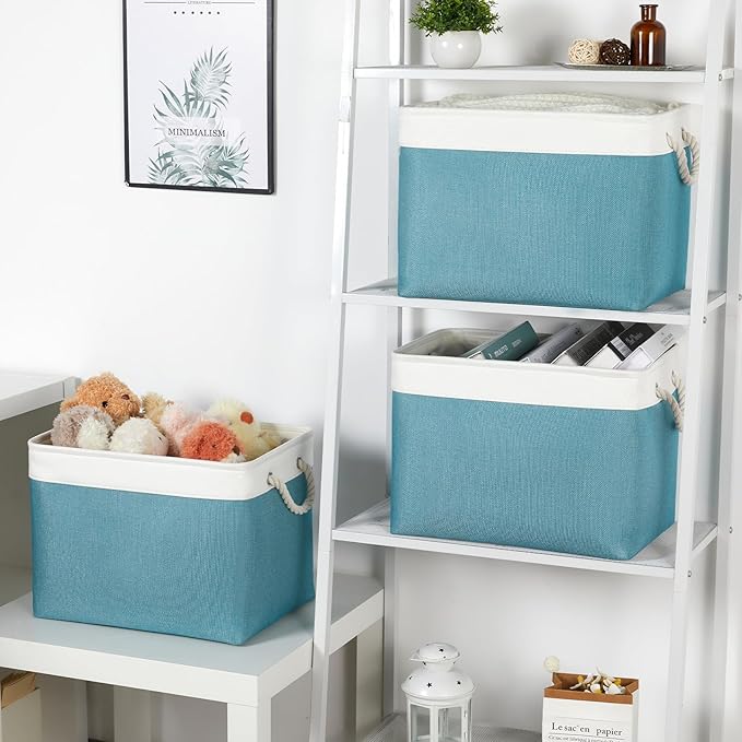 Bidtakay Large Storage Baskets for Shelves 3 Pack 16x11.8x11.8 Inch Storage Bins for Organizing Fabric Storage Cubes for Closet Clothes Basket Laundry-White&Teal