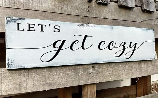 Let's Get Cozy Sign, Farmhouse Bedroom Wall Art Decor,Plaque Decorations Wood Sign for Housewarming Gift (Let's Get Cozy) 4x16 Inch