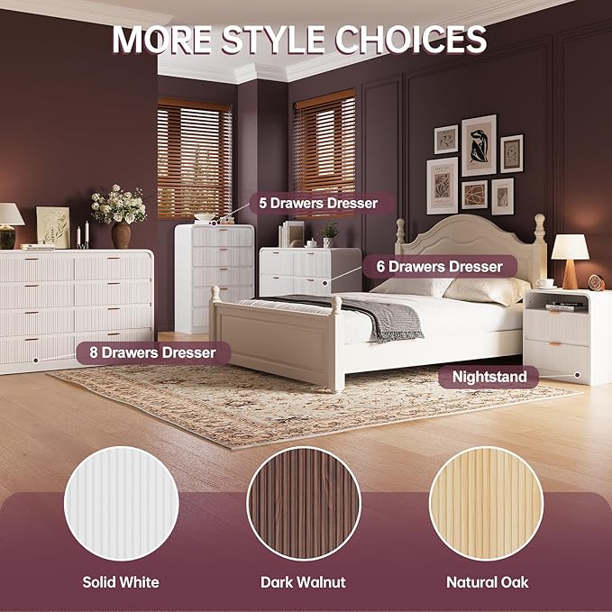 FURSUN 24" Fluted Nightstand with Charging Station, Wooden End Table with 2 Drawers Storage, Curved Profile Design, Modern Bedside Cabinet for Bedroom Living Room, White